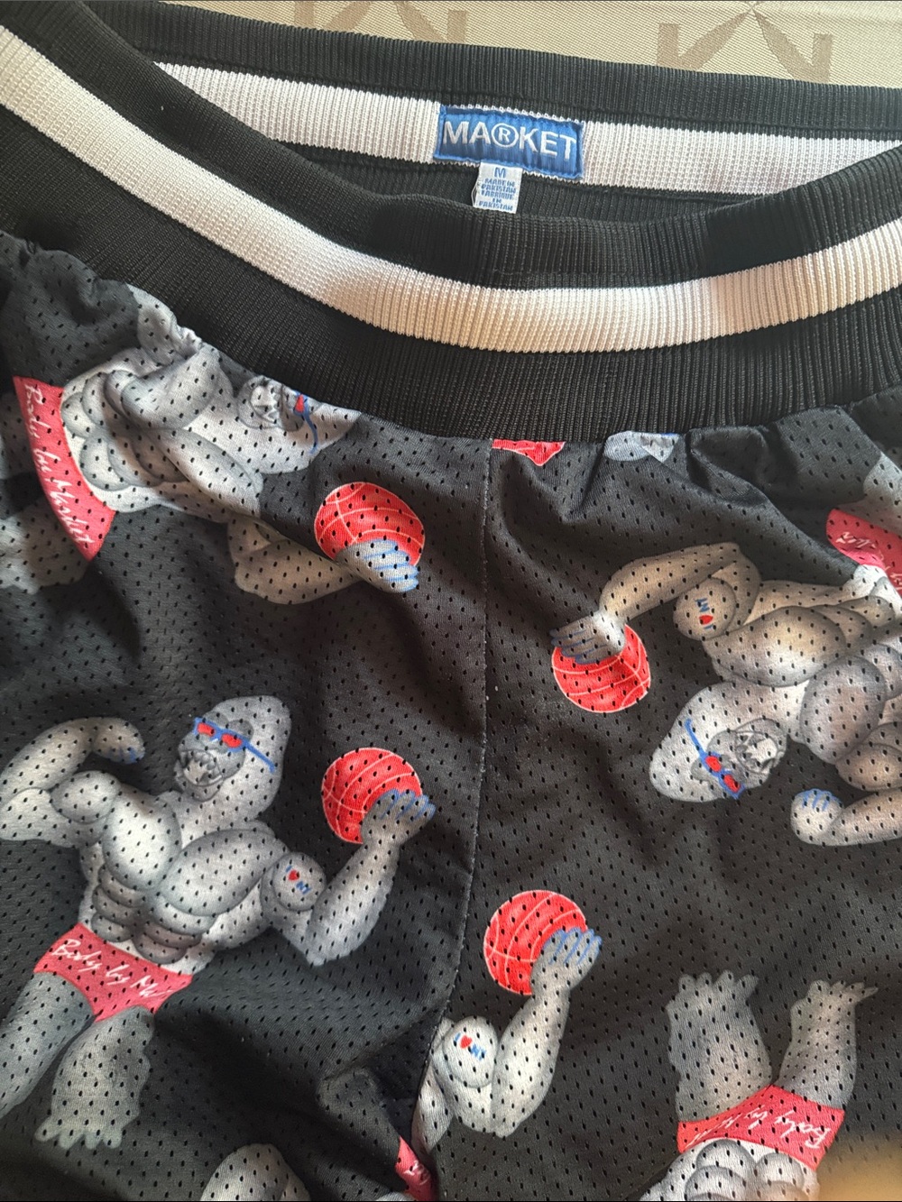 Market Black Mesh Athletic Shorts with Gray Gorilla and Red Basketball Motif